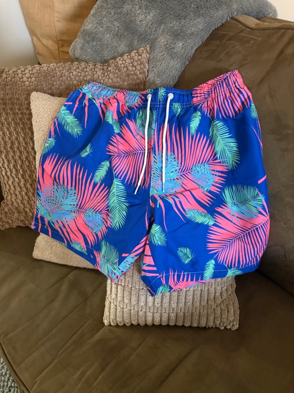 Bright Blue Tropical Leaf Swim Trunks with Pink & Green Print